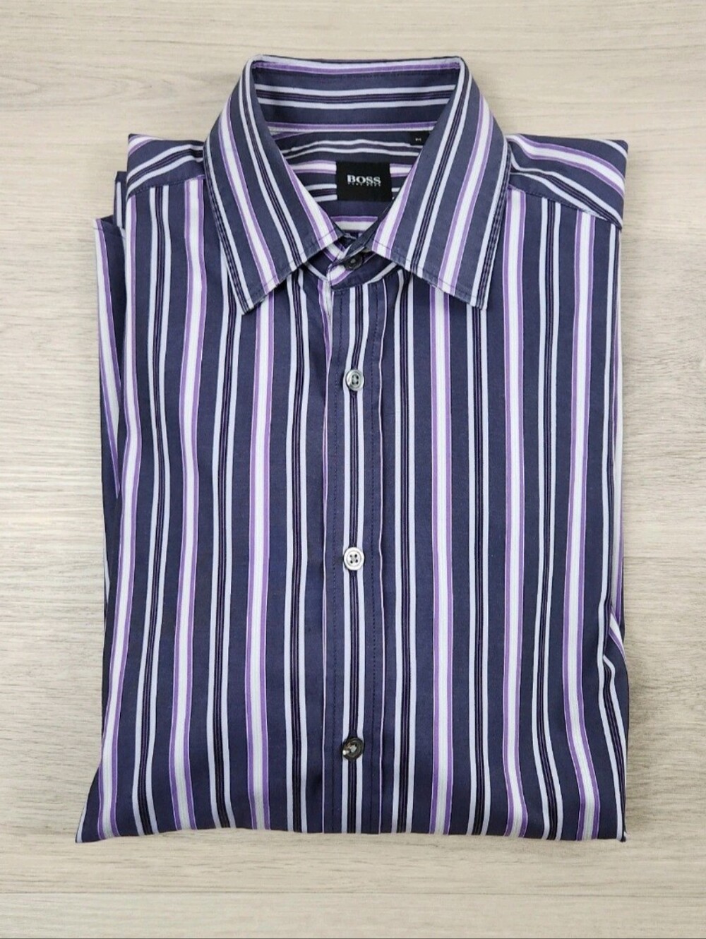 BOSS Shirt Mens Medium Purple Long Sleeve Button Up Striped 100% Cotton